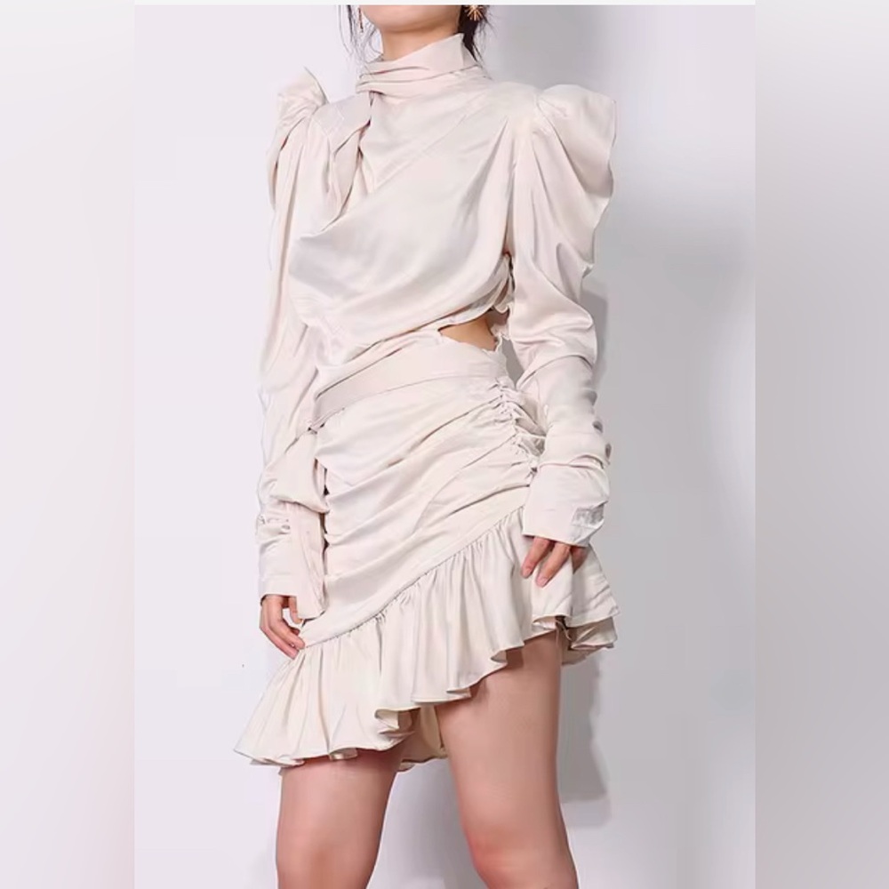 Asymmetrical Dress With Long Sleeves, Tie & Cut Out. Size M. Party Dress